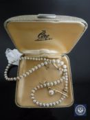 A Ciro string of pearls with 9ct gold clasp and box plus 9ct bar brooch with pearl