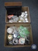 Two boxes of assorted glassware, tea china,