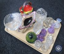 A tray of assorted glass ware, Caithness vases, paperweights, bowls,