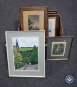 A collection of pictures including a watercolour by Walter Dixon, Atkinson Grimshaw prints,