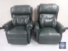 A pair of green leather electric reclining armchairs