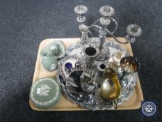 A tray of assorted plated wares including serving tray, candelabra, sugar helmet,