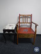 A painted commode armchair and dressing table stool