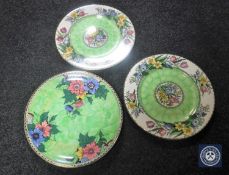 Three green floral lustre Maling wall plaques