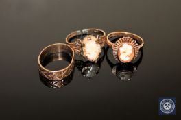 A 9ct gold band ring (a/f) and two 9ct gold cameo rings (3) CONDITION REPORT: 8.