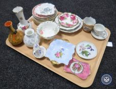 Two trays of antique tea plates, Crown Derby cabinet china, commemorative mug, Chokin vases,
