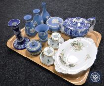 A tray of seven pieces of Wedgwood Jasperware, Spode teapot,