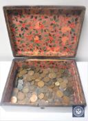 A Victorian jewellery box containing a quantity of Edwardian and Victorian one penny and half