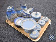 A tray of seven pieces of Wedgwood blue and white Jasperware together with a fifteen-piece Japanese