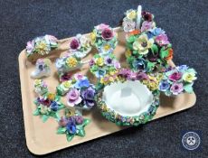 A tray of china flower posies together with a china floral basket