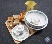 A tray of five pieces of Price brothers cottage ware, Portmeirion bowls, Burleigh ware jug,