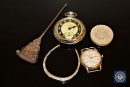 An Ingersoll pocket watch, gent's wristwatch signed Exactus, silver horseshoe,