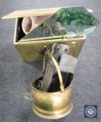 A brass embossed slipper box containing hand-painted mirror, assorted metal ware, brass coal bucket,