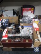 Four boxes of figures, art supplies, DVD's,