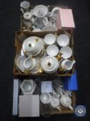 Three boxes of assorted glass ware, crystal vase, carnival bowls, Czechoslovakian lustre tea set,