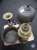 A tray of brass oil lamp, Eastern brass vase,