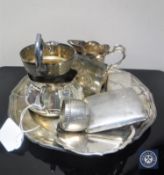 A silver plated tray together with continental white metal items, cigarette case,