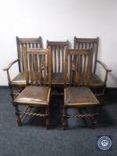 Five early 20th century oak rail back dining chairs