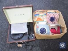 A Bush retro style record player in case together with a box of 45's