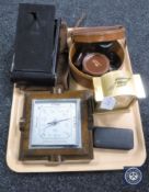 A tray of Tempus Fugit mantel clock, oak Art Deco barometer, leather box containing safety razor,