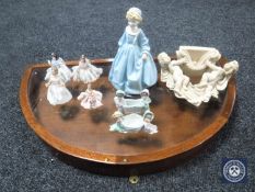 A D-shaped counter top display case together with a Royal Worcester figure,