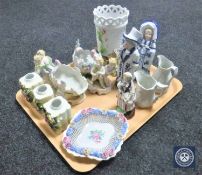 A tray of continental china, pair of blue and white figures, cherub bowls,