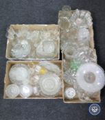 Four boxes of pressed glass, comports, vases, salad bowls and servers,