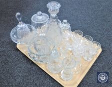A tray of crystal, decanters, glass, preserve pots,