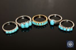 Five silver turquoise dress rings (5)