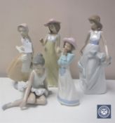 Five Nao figures; Ballerina, girl with basket, girl with flower (a/f),
