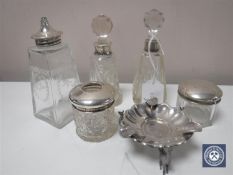 Five assorted glass silver rimmed and lidded jars and perfume bottles together with a continental