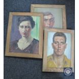 Three framed 20th century portrait studies on canvas