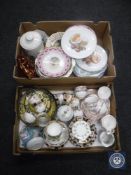 Two boxes of assorted china, cabinet plates, storage jars,