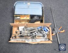 A boxed precision mitre saw together with a metal concertina tool box, Stanley handyman plane,