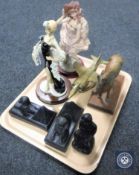 A tray of two contemporary Art Deco style figures, a brass figure of a horse on wooden stand,