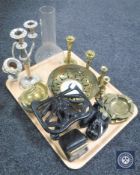 A tray of assorted brass ware, censor, plated candelabrum,