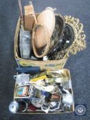 Two boxes of mid 20th century bed warmer, framed mirrors, brass embossed plaque, bed warming pan,
