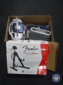 A box of CD radio cassette, Roberts radio, Fender guitar stand,