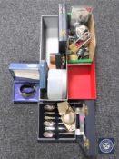 Two boxes of gold plated Tissot wrist watches, padlocks, keys, teaspoons,