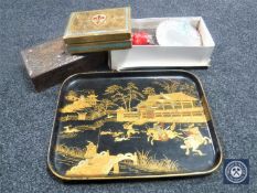 A 20th century Japanese lacquered tray together with a box containing Victorian mirror,