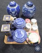 A pair of Chinese style blue and white porcelain lidded urns together with a tray containing Maling