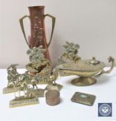 A tray of Arts & Crafts copper vase, Eastern 'jeweled' brass oil lamp and compact,