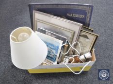 A box of table lamp with shades, books, framed pictures,