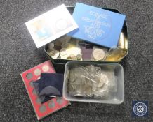 A box of crowns, Festival of Britain coin, 1977 decimal coin set, foreign coins,