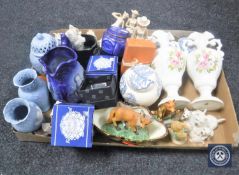 A box of terrier figures, Masons ginger jar, fox figures,