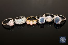 Six silver and opal dress rings (6)