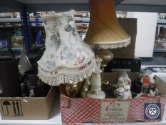 Two boxes of vases, figures, table lamps,