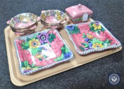 A tray of nine pieces of Maling pink lustre china including a set of six Rosine desert bowls,