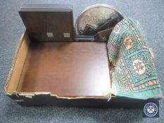 A box of eastern fringed rug, canteen of Sheffield plated cutlery, plated gallery tray,