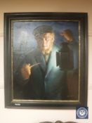 An oil on canvas depicting a sailor holding a lantern, indistinctly signed, 48 cm x 59 cm, framed.